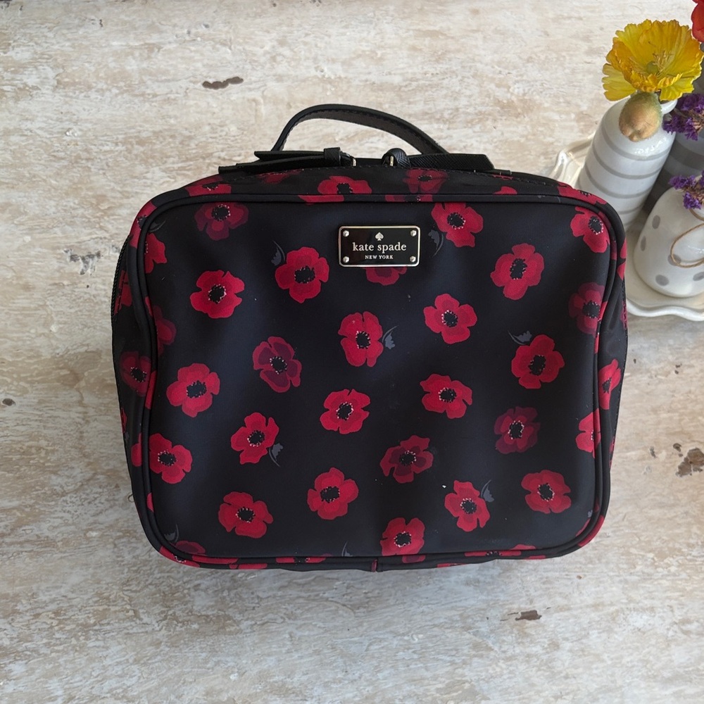 Kate Spade Black and Red Floral Cosmetic Case